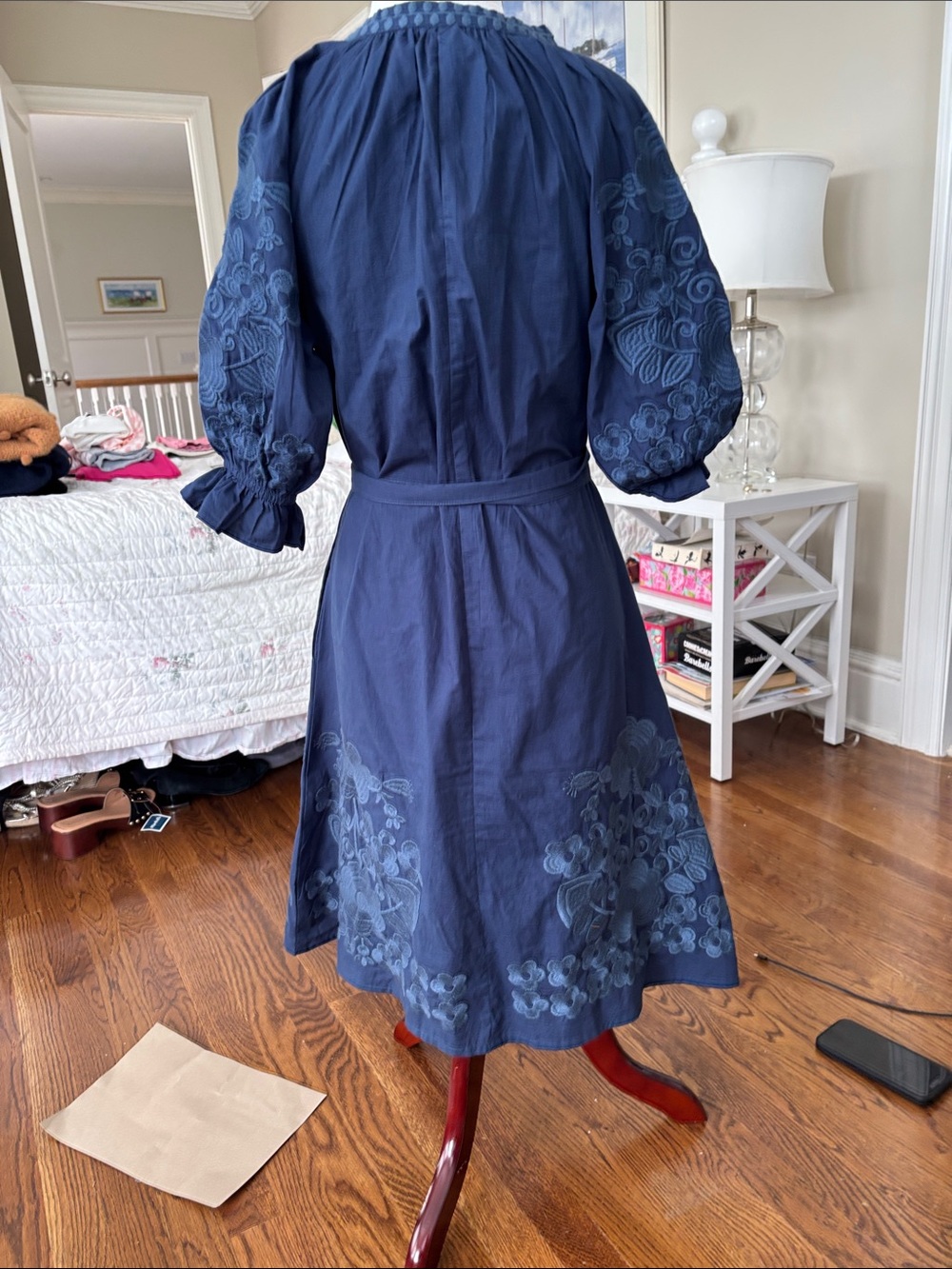 Navy Embroidered Midi Dress with Belt - Picture 7 of 8
